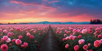 ai generato rosa campo nel il Alba mattina con bellissimo cielo foto