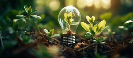 ai generato albero cresce nel leggero lampadine, energia Salvataggio e ambientale concetti su terra giorno. foto