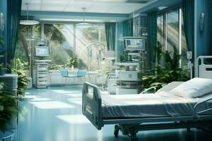 ai generato moderno ospedale camera con un' letto, confortevole medico interno di un vuoto ospedale letto e recupero camera con letto ai generato foto
