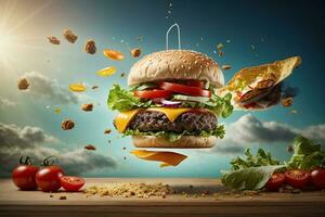 ai generato veloce cibo avvicinamento tiro di delizioso Manzo hamburger foto