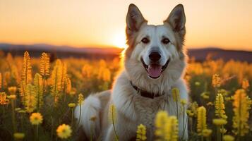 ai generato foto di un' regale cane in posa nel un' campo di fiori selvatici. generativo ai