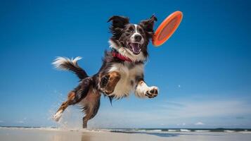 ai generato foto di un atletico cane partecipando nel un' frisbee. generativo ai