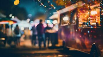 ai generato generativo ai, cibo camion strada Festival, sfocato luci sfondo, atmosferico bokeh, smorzato colori foto