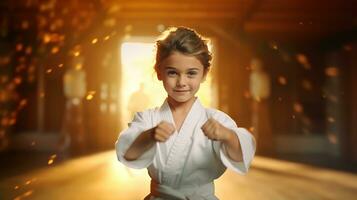 ai generato generativo ai, bambino vestito nel un' bianca karatè kimono, pratica taekwondo, karatè, judo foto