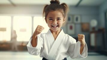 ai generato generativo ai, bambino vestito nel un' bianca karatè kimono, pratica taekwondo, karatè, judo foto