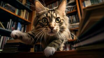 ai generato foto di un' malizioso gatto esplorando un' scaffale. generativo ai