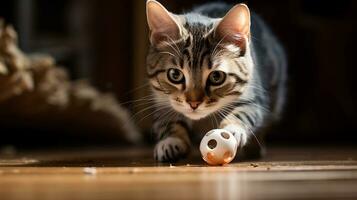ai generato foto di un' gatto batting a un' giocattolo topo nel un' giocoso. generativo ai