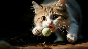 ai generato foto di un' gatto batting a un' giocattolo topo. generativo ai