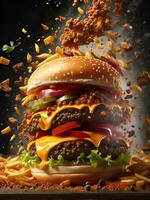 ai generato veloce cibo avvicinamento tiro di delizioso Manzo hamburger foto