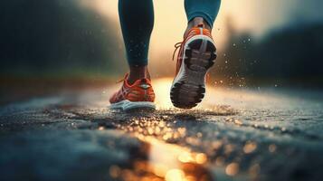 ai generato atleta scarpe mentre in esecuzione nel il strada. processi, maratona, lottando, fiorente, vincitore, jogging foto