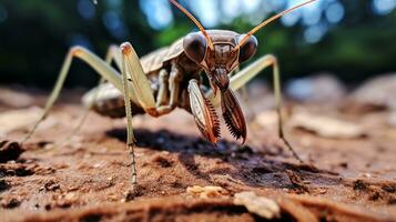 ai generato foto di brizzolato mantide su un' terra. generativo ai