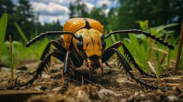 ai generato foto di agrume dalle lunghe corna scarafaggio su un' terra. generativo ai