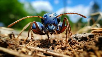 ai generato foto di blu formica su un' terra. generativo ai