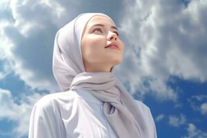 ai generato donna indossare un' foulard, guardare su a il nuvoloso cielo foto