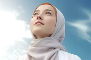 ai generato un' donna indossare un' foulard, guardare su a il cielo con un' sereno espressione. foto