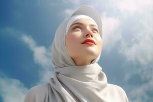 ai generato un' donna indossare un' foulard, guardando su a il cielo foto