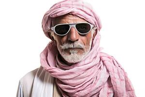 ai generato un più vecchio uomo indossare un' rosa foulard e occhiali da sole foto