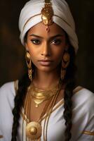 ai generato di ispirazione orientale bellezza - donna nel tradizionale copricapo e gioielleria foto