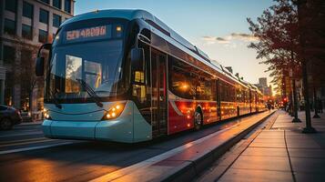 ai generato un' foto di elettrico autobus foderato su a un' centro transito centro. generativo ai