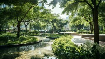 ai generato un' foto di un urbano parco oasi con pulito aria, verde, e fresco acqua caratteristiche. generativo ai