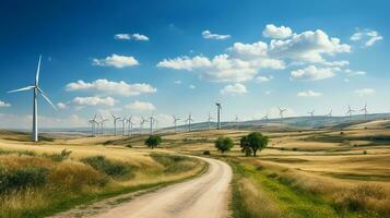 ai generato un' foto di un' rinnovabile energia vento azienda agricola nel azione, con vento turbine Filatura contro un' chiaro blu cielo. generativo ai