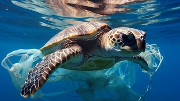 ai generato un' foto di un' mare tartaruga impigliato nel plastica sciupare. generativo ai