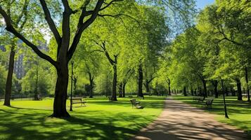 ai generato un' foto di un' lussureggiante, verde parco nel il cuore di un' città. generativo ai