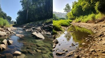 ai generato un' foto di un' una volta incontaminato fiume adesso pesantemente influenzato di inquinamento. generativo ai