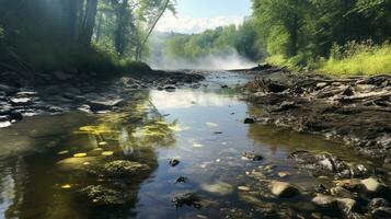 ai generato un' foto di un' una volta incontaminato fiume adesso pesantemente influenzato di inquinamento. generativo ai