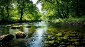 ai generato un' foto di un' lussureggiante, verde Riva del fiume fiorente con natura e chiaro acqua. generativo ai