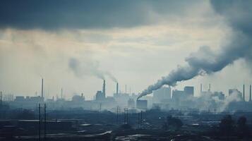 ai generato un' foto di un' città orizzonte parzialmente oscurato di fabbrica Fumo. generativo ai