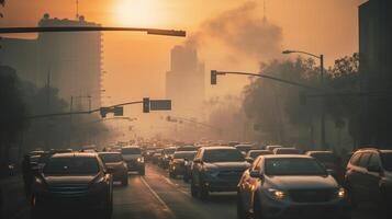 ai generato un' foto di un' occupato urbano intersezione avvolto nel smog e inquinamento. generativo ai