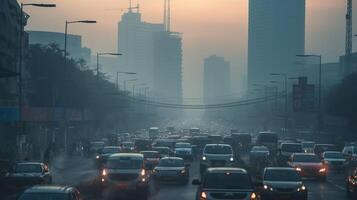 ai generato un' foto di un' occupato urbano intersezione avvolto nel smog e inquinamento. generativo ai