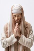 ai generato musulmano uomo preghiere nel Arabo calligrafia foto