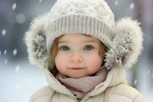 ai generato un' carino ragazza nel il neve , un' carino poco ragazza è indossare un' peloso cappello e sciarpa nel inverno ai generato foto