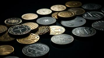 ai generato foto di un' impostato di oro e argento monete organizzato. generativo ai