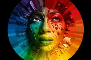 ai generato viso in mostra un' spettro di emozioni disposte nel un' colore ruota, sottolineando il diversità e complessità di sentimenti foto