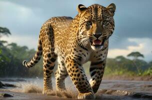 ai generato di leopardo attacco, realistico immagini di selvaggio animale attacchi foto