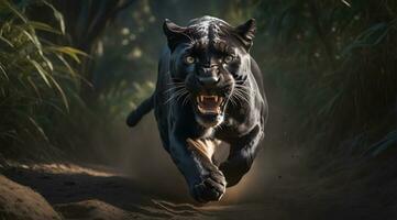 ai generato nero di pantera attacco, realistico immagini di selvaggio animale attacchi foto