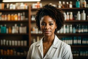 ai generato giovane africano americano femmina farmacista nel un' farmacia. sfocato scaffalature nel il sfondo foto