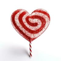 ai generato scintillante zucchero incrostato caramella canna cuore lecca-lecca isolato su bianca per san valentino giorno concetto foto