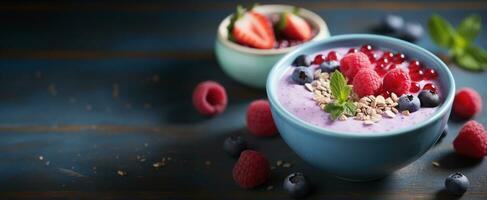 ai generato biologico san valentino giorno frullato ciotola ornato con cuore sagomato frutta su un' Limone crema e sereno blu sfondo foto