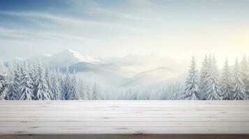 nevoso montagne nel il distanza con un vuoto di legno tavolo, generativo ai. foto