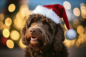 ai generato cane indossare rosso Santa Claus cappello Natale albero nel il sfondo, generativo ai. foto