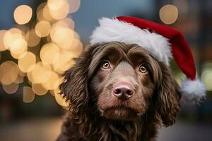 ai generato cane indossare rosso Santa Claus cappello Natale albero nel il sfondo, generativo ai. foto