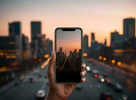 ai generato smartphone modello su il sfondo di il città e strada foto