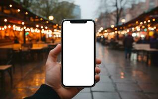 ai generato smartphone modello su il sfondo di il città e strada foto