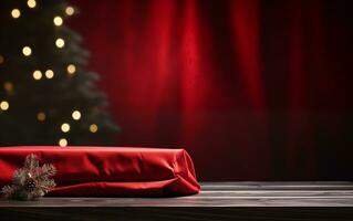 ai generato vuoto di legno tavolo superiore nuovo anni elegante Natale albero blu sfondo foto