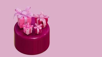 3d interpretazione di San Valentino giorno tema, cilindro Prodotto Schermo con regalo scatola su rosa sfondo foto