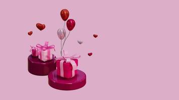 3d interpretazione di San Valentino giorno tema, cilindro Prodotto Schermo con regalo scatola e cuore Palloncino forma su rosa sfondo foto